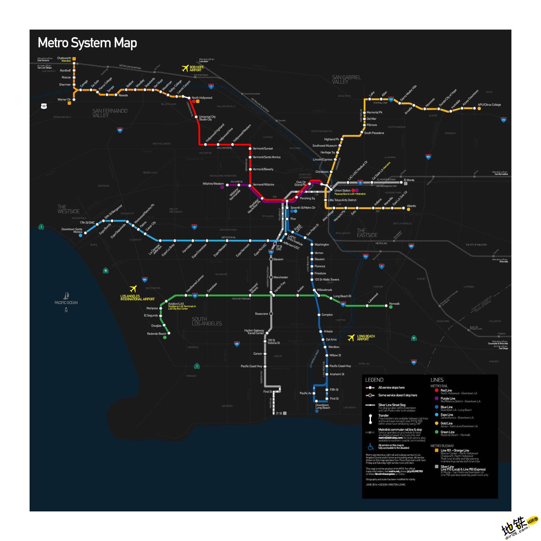 洛杉矶地铁地图：洛杉矶的地铁线路和地铁站。
